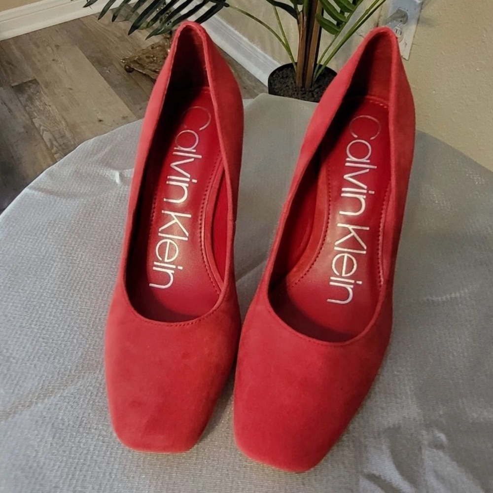 Vintage Calvin Klein Red Suede Square-Toe Pumps
